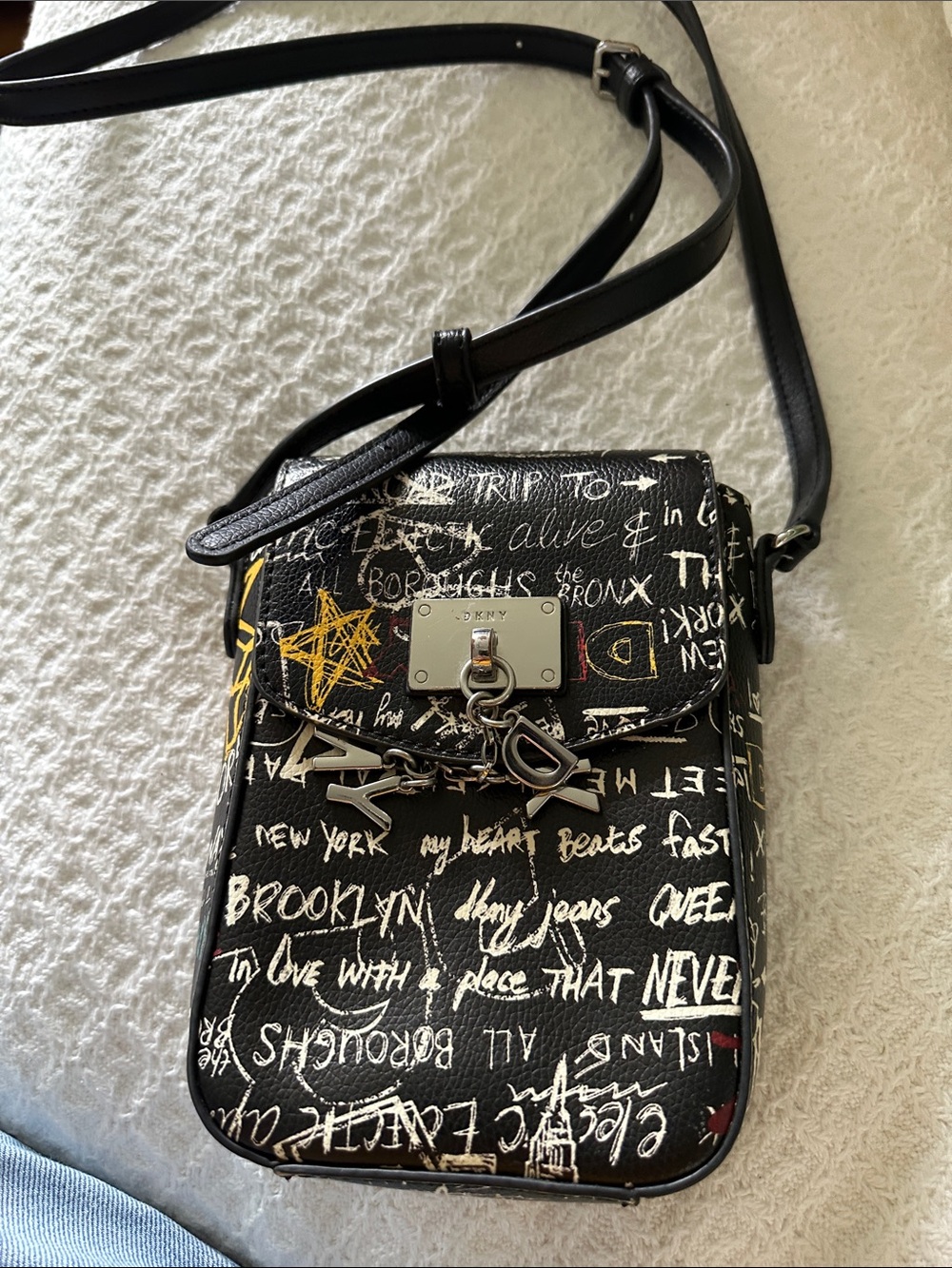 DKNY Black Graffiti Charm Crossbody Phone Pouch